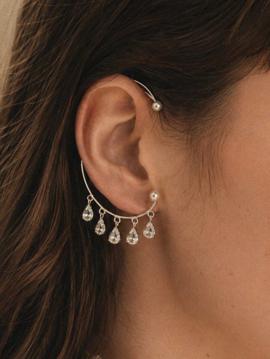 outingfit 1 Pasang Anting Kait Telinga Bentuk Tetesan Air Desain Minimalis dengan Hiasan Berlian Imitasi, Aksesoris Fashion untuk Wanita - Perak - View 1