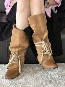 Autumn New Women's Black Low Chunky Heel High-Top Pointed Toe Leather Boots - Brown - View 8