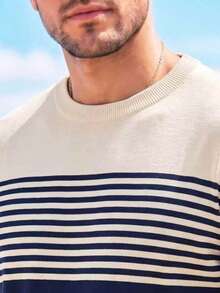 Men's Casual Beach Style Comfortable Striped Crew Neck Versatile Short Sleeve Top - Navy Blue - View 5