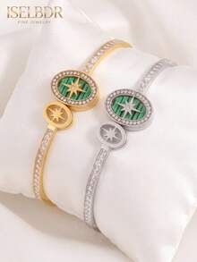 2pcs/Set Unisex Gold & Silver Stainless Steel Polaris Rhinestone Bracelet Set, 18K Gold Plated Green Striped Hollow Design Bracelet, Elegant Daily Jewelry Gift - Multicolor - View 6