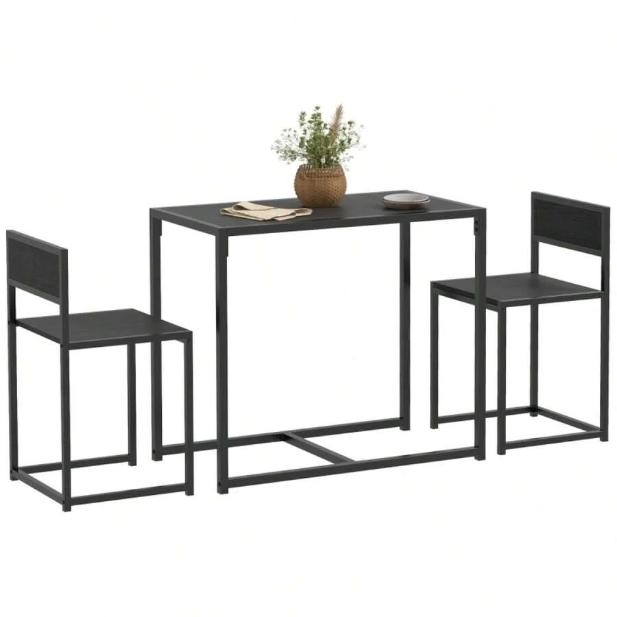 Dining Table And Chairs Set 2, Dining Room Sets, Rectangular Space Saving Table And 2 Chairs Compact Kitchens, Steel Frame, On-Site - Black + Engineered Wood - View 1