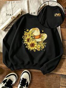 Plus-Size Women's Fashion Sweatshirt, Suitable For Everyday Commuting, Featuring A Sunflower And Hat Graphic Print, Perfect For Winter Casual Wear. - Black - View 3