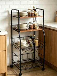 4‑Tier Rolling Storage Cart, Metal‑Wood Slim Organizer With Lockable Wheels & Wire Baskets, Mobile Storage Rack For Bathroom, Laundry, Kitchen Narrow Corner, Perfect For Home Users Storing Towels, Toiletries & Cleaning Supplies - Multicolor - View 9