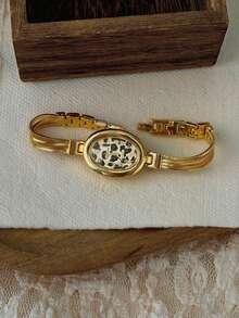 1pc Retro Leopard Print Design And Small Oval Ladies' Quartz Watch, In Gold Color, Suitable For Daily Wear, Party Occasions And As A Gift. - Gold - View 6