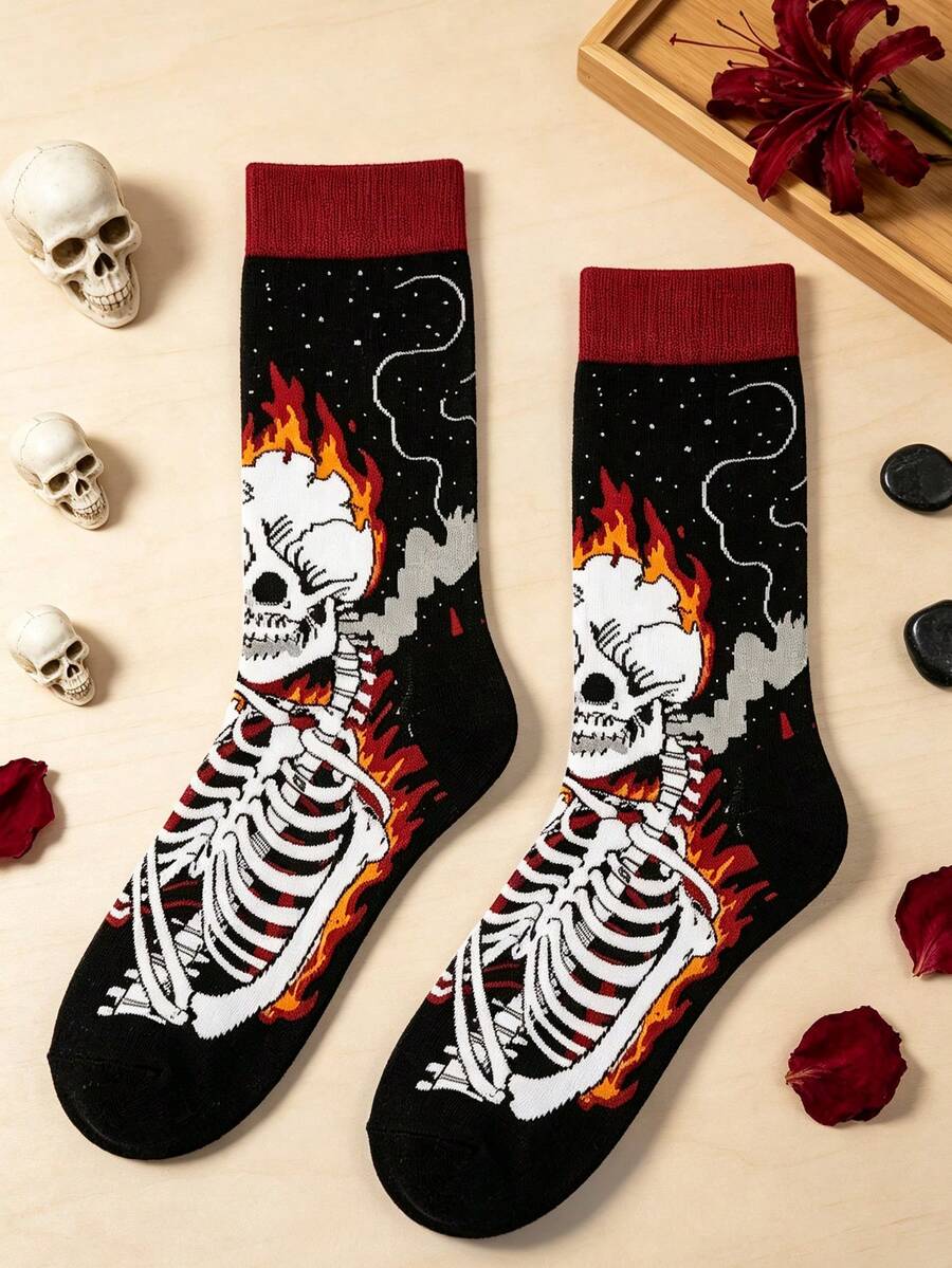 1 Par de Meias Masculinas de Cano Médio, Algodão com Estampa de Caveira do Dia dos Mortos, Chama e Rosa, Quentes para Outono/Inverno, Presente de Halloween/Natal - Multicolorido - Visão 1
