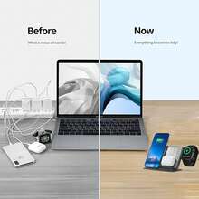6-In-1 Charger Station For Phone/Watch/Android Devices With LED Clock & Temp Display, Bedside Mirror, Organizer For Electronic Devices - Black - View 2