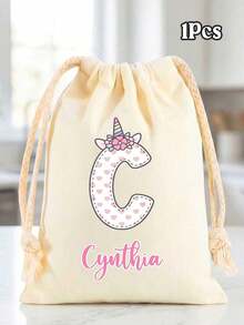 Personalized Initial Drawstring Canvas Bag, Thickened Canvas Storage Bag, Suitable For School, Sports, Travel, Beach Toys And Snacks - Multicolor - View 9