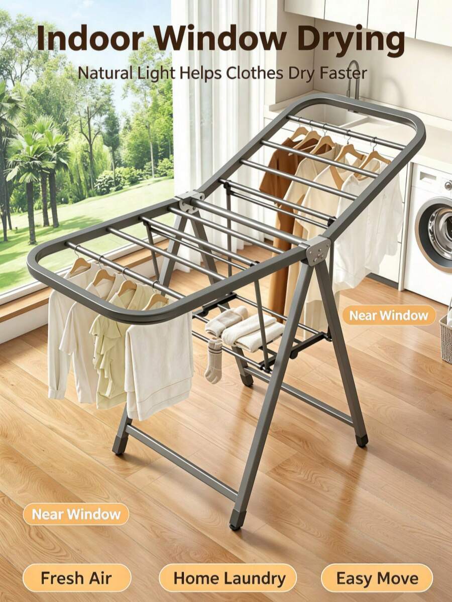 Movable 1.4M Double‑Tier Drying Rack, Foldable Metal Clothes Drying Rack With Hidden Moving Casters, Multi‑Rod Large‑Capacity Load‑Bearing Garment Airer, Anti‑Slip Base Stable Household Laundry Tool For Balcony And Indoor Home Use