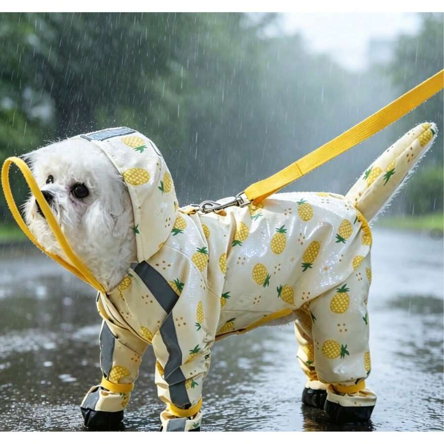 Fruit Series Waterproof Dog Raincoat Set, Includes 1 Upgraded Raincoat, Free Matching Color Waterproof Leash, Multiple Colors Available, Windproof And Fully Waterproof, Full Coverage Design, With Special Fasteners, Non-Slip Rubber Sole, Adjustable Hook And Loop, Full Paw Coverage And Reflective Strips