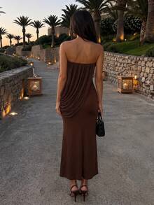 Halloween Party Ball Gown, Autumn Wedding Guest Dress, Strapless Draped Fitted Mid-Length Evening Party Wear - Brown - View 2