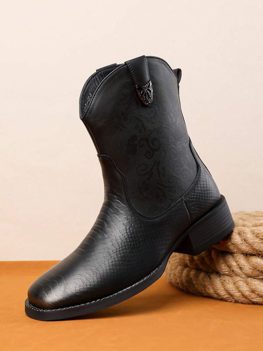 Men's Vintage Western Style Mid-Calf Boots, Square Toe Chunky Heel Faux Leather Side Zipper Fashion Dress Boots - Black - View 1