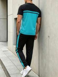 Men's Autumn/Winter Minimalist Comfortable Black & Green Colorblock Short Sleeve Top And Side Stripe Long Pants Set - Multicolor - View 2