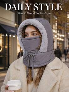 Thickened Hooded Hat With Face Mask And Neck Guard, Plush Trim Winter Headwear, Drawstring, Soft And Comfortable Cold Weather Accessory, Unisex, Outdoor Travel, Commuting, Walking, Daily Wear, Multiple Colors, Autumn/Winter - Multicolor - View 7