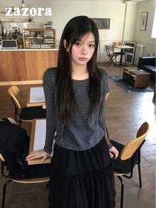 Korean Vintage Patchwork Striped 2 In 1 Long Sleeve Turtleneck Top For Women, Knitted Base Layer Autumn Innerwear - Dark Grey - View 3