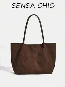 Large Tote Bag, Smooth Leather, Extended Hand Carry & Shoulder Strap, Vertical Seam Detail, Open Top Design, Soft & Casual Silhouette, Matte Frosted Texture, Large Capacity, Minimalist Style, No Extra Hardware, Gentle Feminine Aesthetic, Shoulder, Fits Books & Tablets, Commuting & Shopping - Coffee - View 8