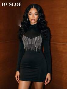 NEW IDEA Women's Sexy Edgy Black Fall Winter Short Dress, Mock Neck Long Sleeve Rhinestone Fringe Bodycon Dress For Night Out, Club, Cocktail & Party - Black - View 4