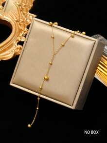 RAYQUEEN 1pc Personalized Design Large Round Bead Pendant Stainless Steel Tassel Necklace For Women, Suitable For Daily Wear - Gold - View 1