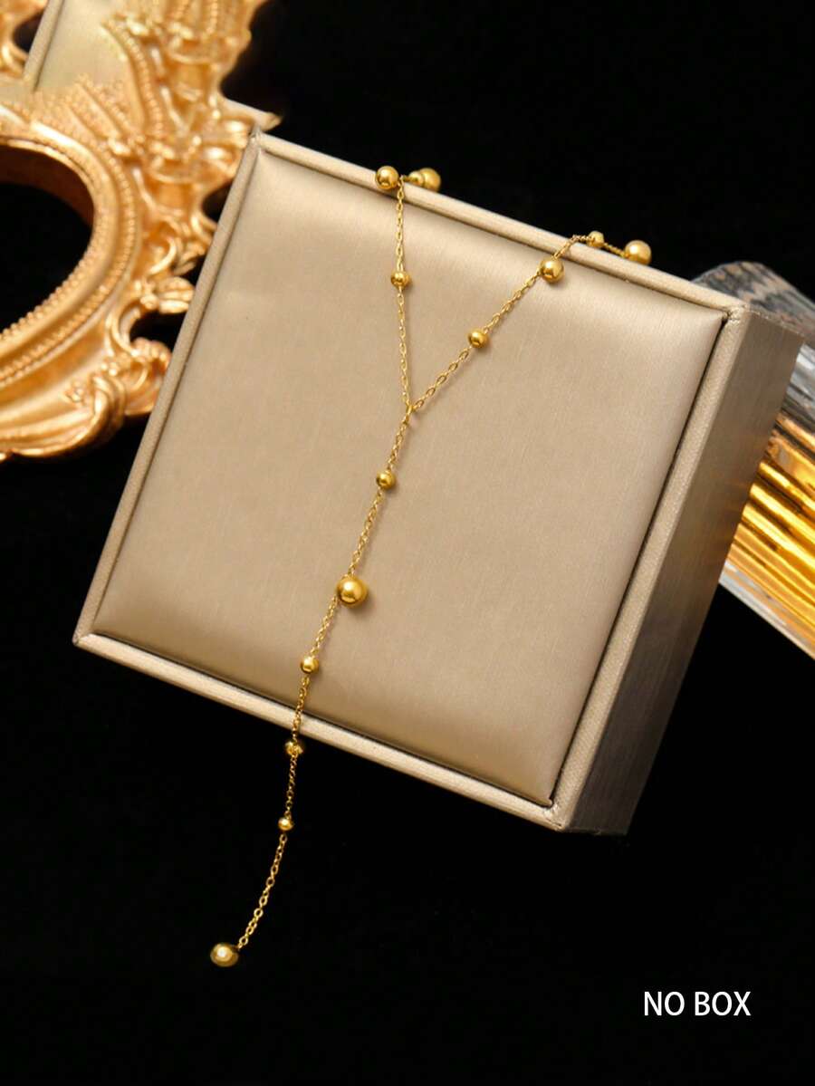 RAYQUEEN 1pc Personalized Design Large Round Bead Pendant Stainless Steel Tassel Necklace For Women, Suitable For Daily Wear - Gold - View 1