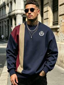 Men's Vintage Vertical Striped Colorblock Print Crew Neck Loose Drop Shoulder Sweatshirt - Multicolor - View 2