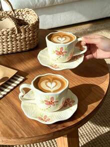 280ml Ceramic Cup And Saucer Set, Coffee Cup, Tea Cup And Water Cup With Embossed Floral Pattern; Back To School Season Ceramic Floral Milk Cup And Afternoon Tea Cup; Dessert Plate; Gift Wrapped Coffee Cup And Saucer Set - Multicolor - View 5