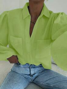 Women's Autumn Back To School Style Lime Green Puff Sleeve Long Sleeve Collared Pocket Loose Casual Shirt, Autumn Daily Shirt - Lime Green - View 2