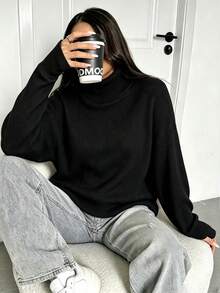 女款針織高領毛衣,長袖套頭衫,寬鬆保暖上衣,適合秋冬 - 黑色 - 查看 7
