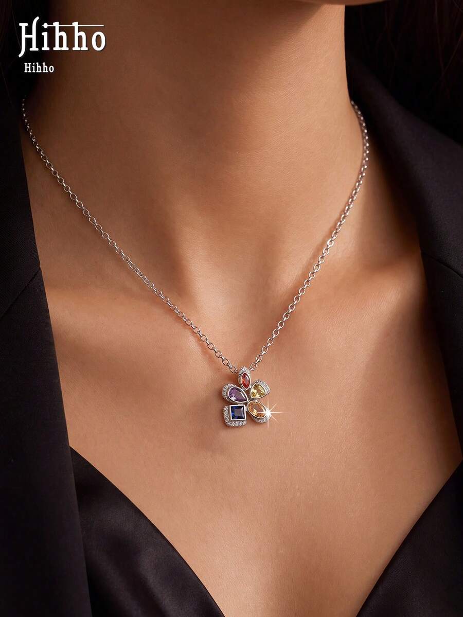 Hihho 1 pièce Collier pendentif floral rétro français coloré avec strass, accessoire de mode pour femme, essentiel pour le travail et la tenue quotidienne - collier - Voir 1