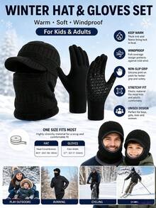 3PCS 8-16Y Outdoor Warm & Cold-Proof Knitted Hat & Gloves Set, Unisex Thermal Lined Thick Face Cover Knit Hat, Winter Knitted Hooded Sweatshirt Hat, Warm Cycling & Skiing Face Mask - 3PCS - View 5