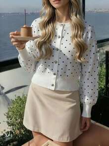 Damen Polka Dot Jacquard Langarm Rundhals einreihige Strickjacke eleganter Vintage Stil weiß kurz lässig Herbst Winter Top - Weiss - Übersicht 2