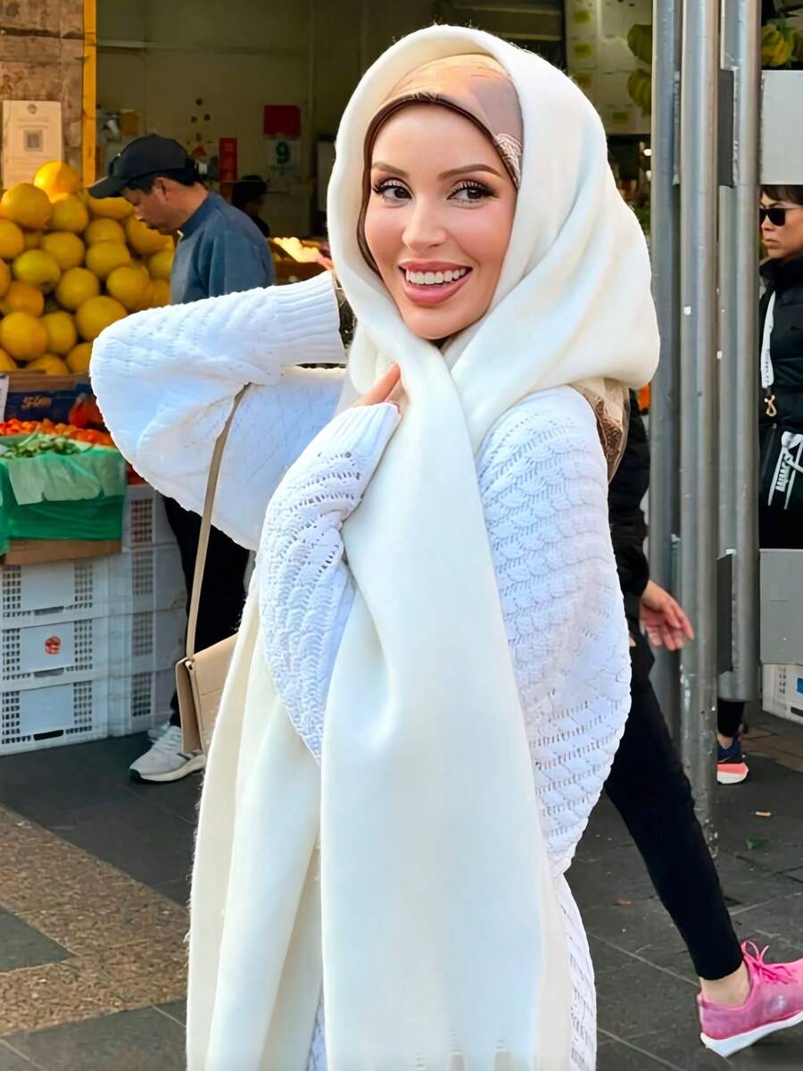 1pc Thick Solid Color Fleece Mohair Tassel Scarf, Chic Autumn/Fall Warm Couple Shawl, Soft & Comfortable Blanket Scarf, Suitable For Daily Wear - White - View 1