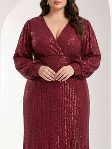 YISIKADO Sequin V-Neck Long Sleeve Ball Gown Evening Dress With High Slit Mermaid Tail - Burgundy - View 6