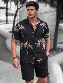 2pcs/Set Men's Casual Regular Outfit: Button-Down Collar Coconut Tree Jacquard Short Sleeve Shirt And Drawstring Solid Color Shorts, Spring/Summer, Cozy Outfits - Black - View 1