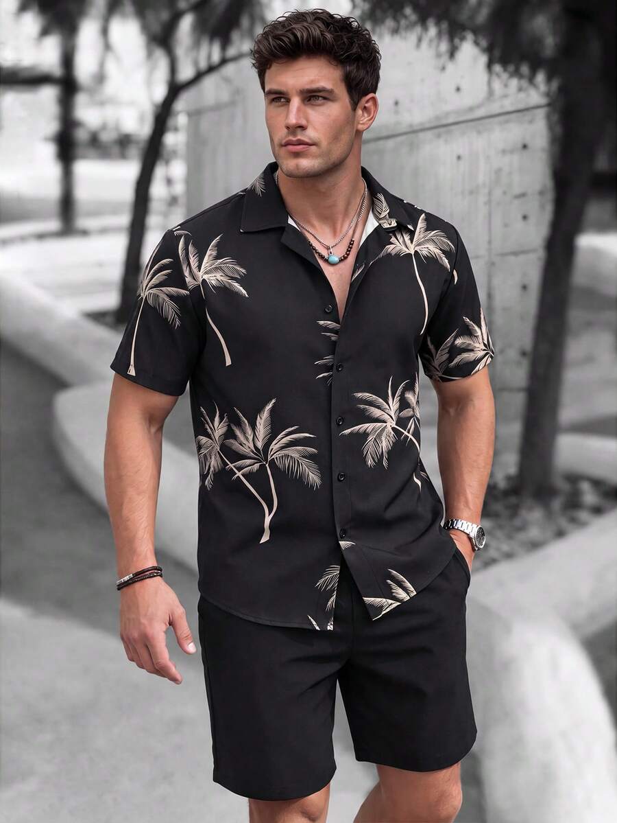 2pcs/Set Men's Casual Regular Outfit: Button-Down Collar Coconut Tree Jacquard Short Sleeve Shirt And Drawstring Solid Color Shorts, Spring/Summer, Cozy Outfits - Black - View 1