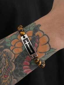 1 pieza Pulsera de cuentas cruzada para hombre, pulsera de cuentas de acero inoxidable multicolor minimalista y discreta, adecuada para uso diario y combinación en fiestas - cruz - Ver 1