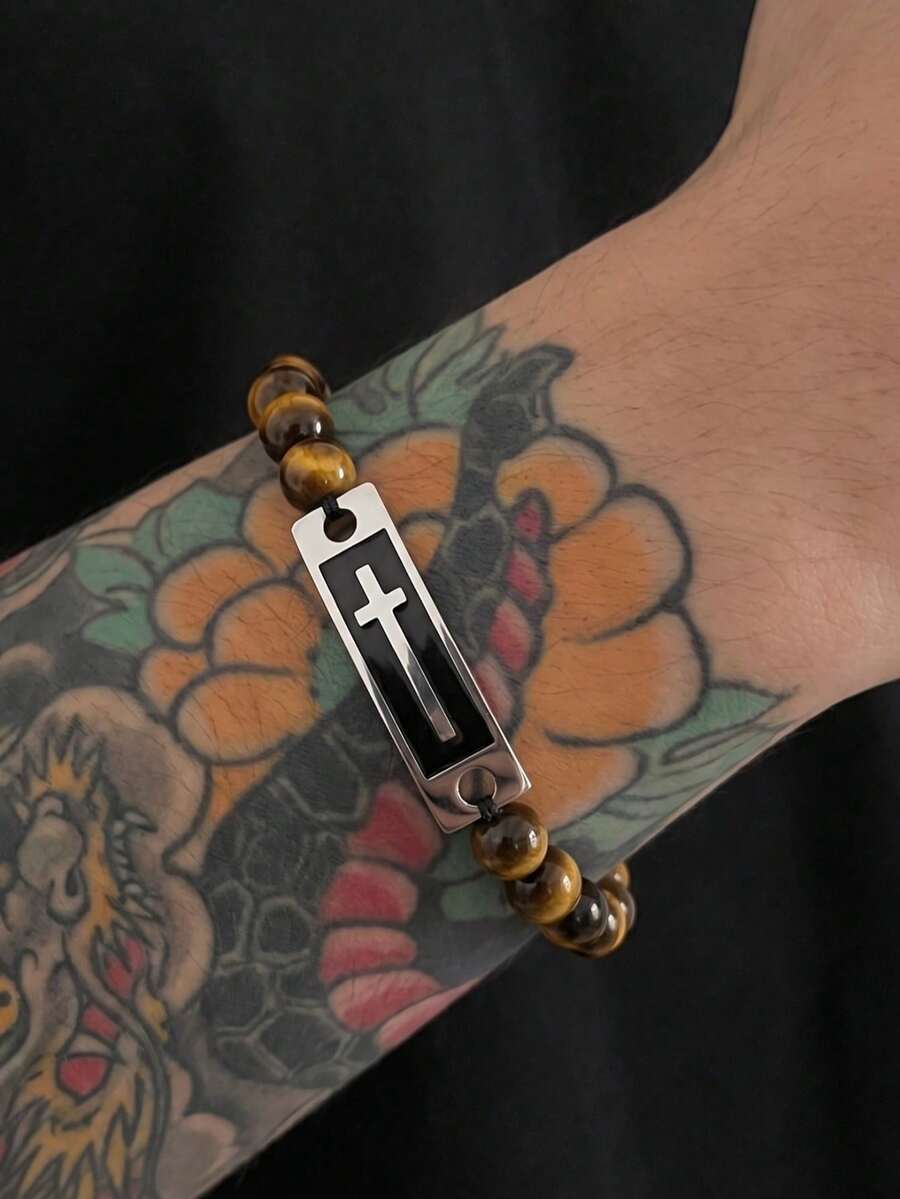 1 pieza Pulsera de cuentas cruzada para hombre, pulsera de cuentas de acero inoxidable multicolor minimalista y discreta, adecuada para uso diario y combinación en fiestas - cruz - Ver 1