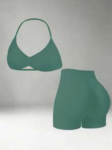 DINBEY Women's Seamless Yoga 2 Pieces Set, Halter Neck Sports Bra With Padding + High Waist Tummy Control Butt Lifting Ruched Fitness Shorts, Athleisure Outfit - Green - View 1