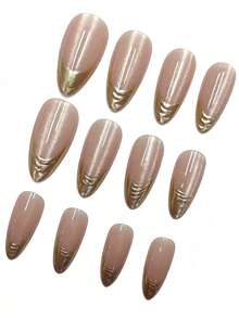 24pcs Minimalist Gold-Plated French Cat Eye Almond Shaped Press-On Nails, With Tool Kit, Suitable For Autumn/Winter Wear, Nail Art Supplies - Gold - View 4