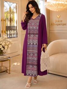 Plus Size Woven Fabric Loose Fit Casual Home Wear Dress, Autumn - Multicolor - View 4