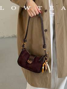 low tea 1pc Minimalist Fashion Baguette PU Leather Shoulder Bag, Suitable For Commuting, Shopping, Etc. (With Pendant) - Coffee - View 10