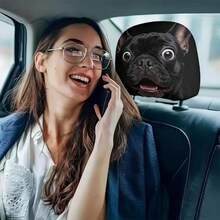 2pcs Funny Black French Bulldog Car Headrest Covers, Double-Sided Print Soft Stretchable Unisex Headrest Towels, Car Interior Decoration Universal Fit Headrest Protector - Black - View 5
