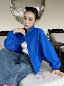 Women's Short Lightweight Jacket, Elegant Blue, Single Layer, Drawstring Collar, Loose Fit, Fashionable Versatile, Wear Alone Or Layer - Blue - View 14