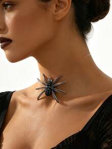 1pc Women's Invisible Fishing Line Black Spider Pendant Short Necklace, Dark Punk Gothic Style Collarbone Necklace, Suitable For Halloween Costume Party Wear - Ancient Silver+Black - View 2
