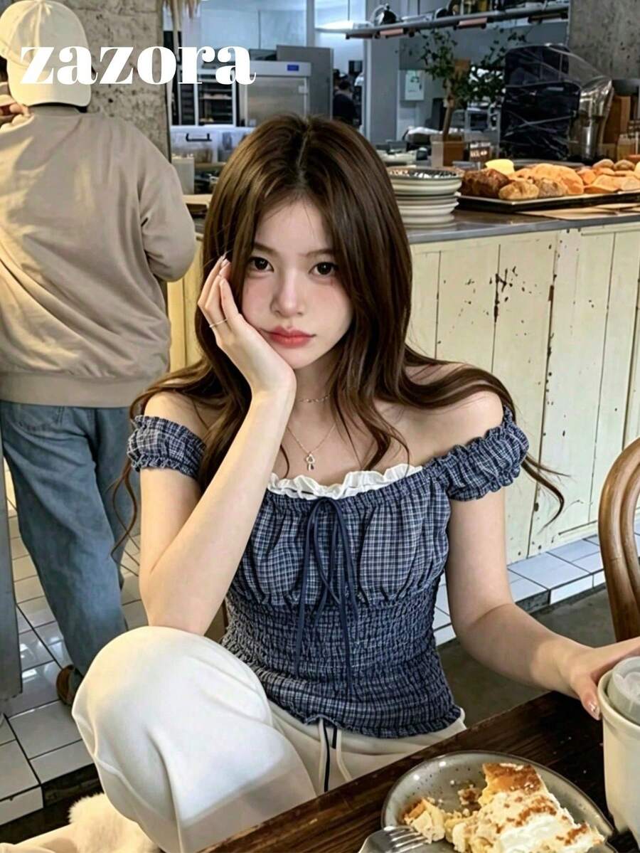 Korean Style Cold Shoulder Plaid Bow Top, Textured Short Petal Sleeve Cinched Waist Summer Blouse - Blue - View 1