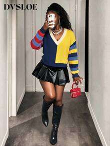DVSLOE Women Y2K Casual Color Block Fall Winter Sweater Top, V‑Neck Long Sleeve Striped Knit Pullover For Daily Wear, Going Out, Street Style - Multicolor - View 1