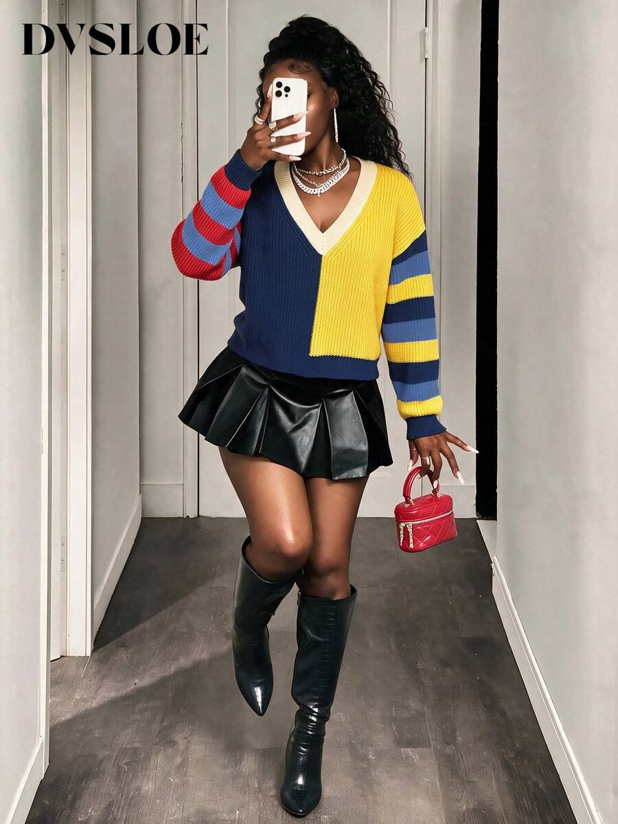 DVSLOE Women Y2K Casual Color Block Fall Winter Sweater Top, V‑Neck Long Sleeve Striped Knit Pullover For Daily Wear, Going Out, Street Style - Multicolor - View 1