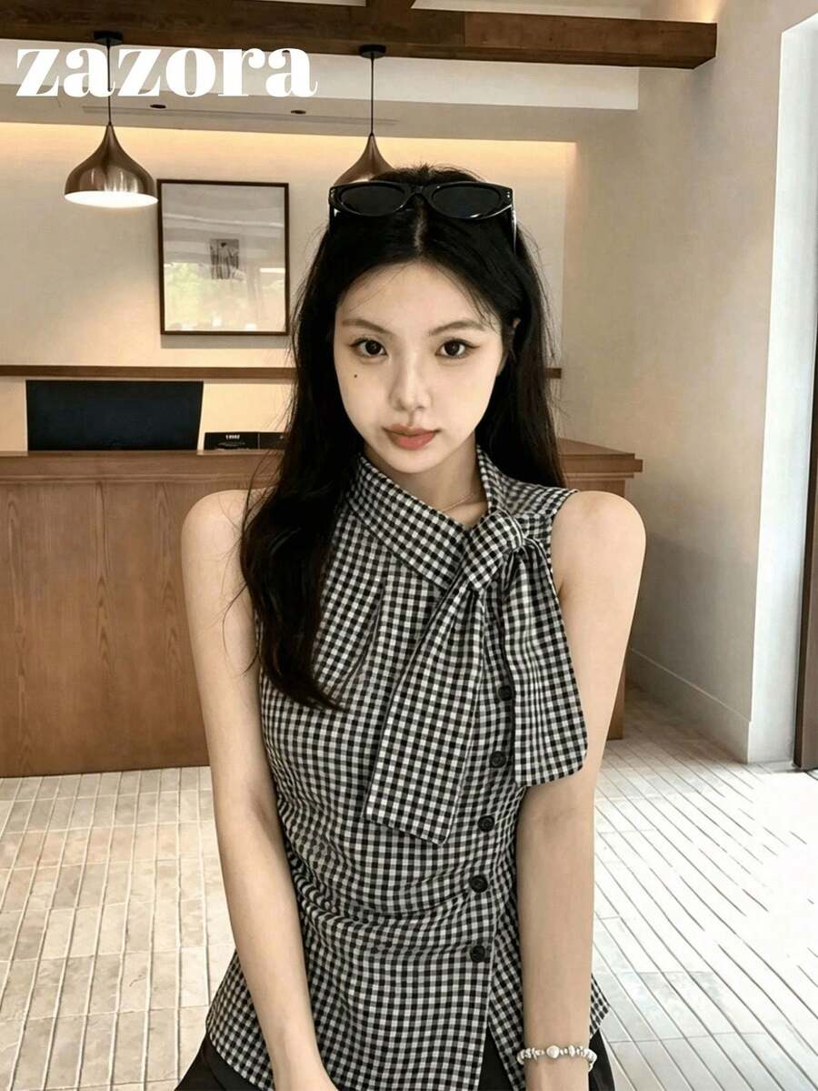韓式復古設計格紋綁帶收腰女款修身上衣,修身顯瘦,百搭,無袖上衣,夏季黑色 - 黑色 - 查看 1