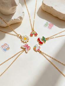 5pcs Colorful Daisy, Cherry And Other Shaped Girls Pendant Necklace Set, Daily Wear And Festival Outfit, Fresh And Simple Style, Non-Repeating For A Week, Gift For Sisters And Best Friends - Gold - View 3