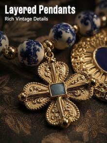 Ins Luxury Vintage Palace Style Versatile Personalized Blue And White Porcelain Color Pendant Necklace - Multicolor - View 4