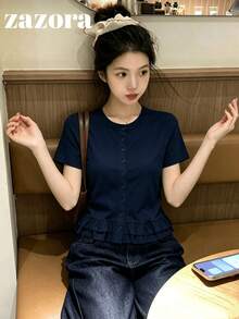 修身短版圓領短袖T恤，荷葉邊下擺日系復古女孩上衣，休閒風格 - 藏青色 - 查看 8