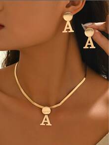 3pcs/Set Minimalist Personalized Snake Chain With Letter A Pendant Necklace & Earrings Set, Suitable For Daily Wear, Holiday Gift - Golden - View 5